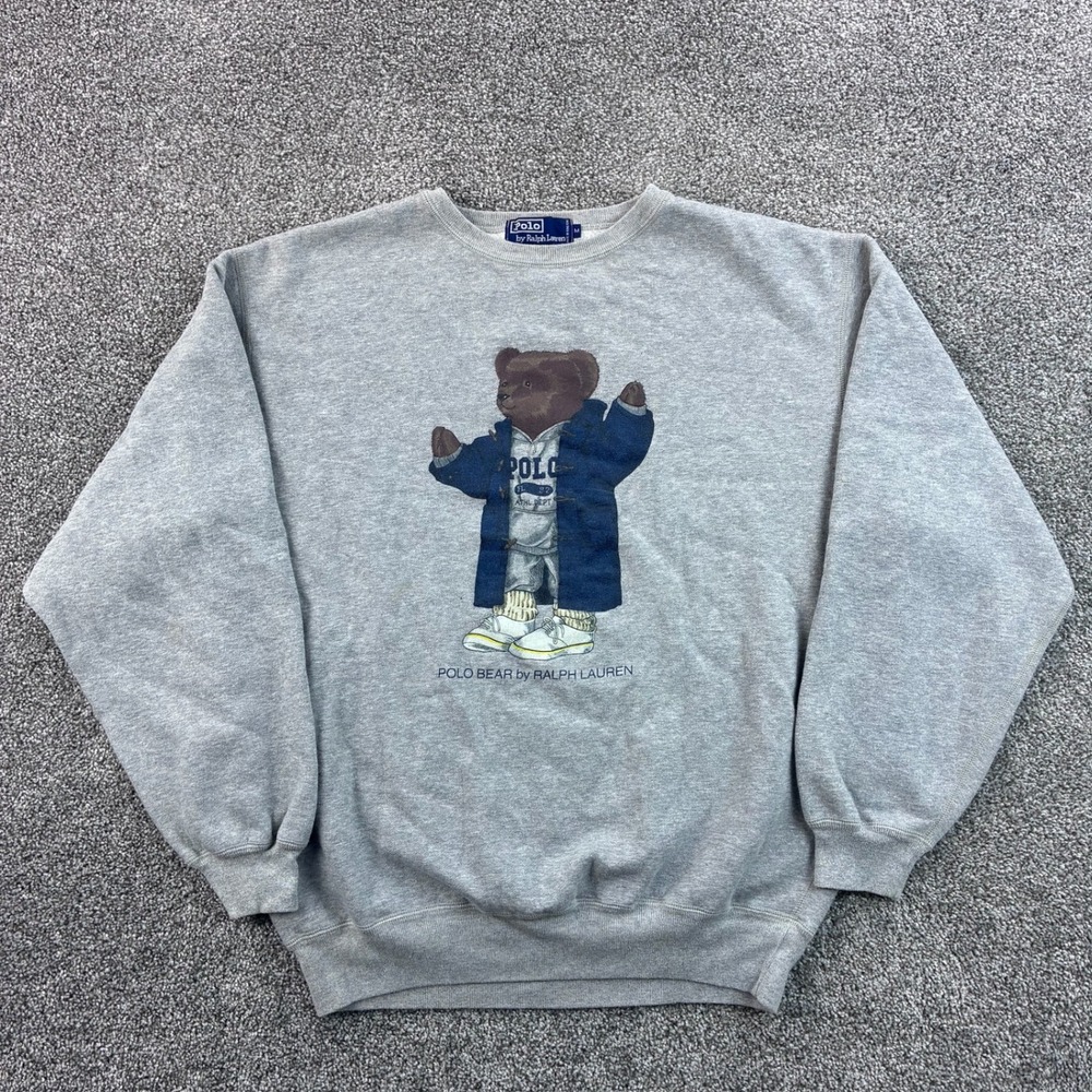 Vintage Polo Bear Sweatshirt Mens Medium Grey Polo Ralph Lauren Grandpa Bear